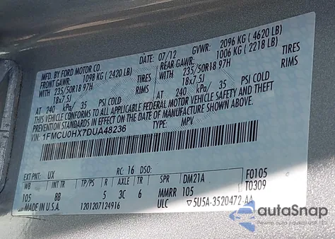 2013 Ford Escape Sel z USA, uszkodzony, nr VIN 1FMCU0HX7DUA48236